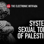 The image depicts a man sitting with his legs drawn up and his head bowed, and to one side it reads: System of Sexual Torture of Palestinians. Photo: The Electronics Entifada.