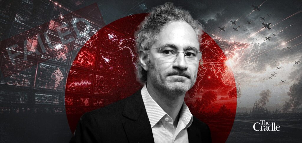 A visual composition featuring a photo of Palantir CEO Alex Karp superimposed over imagery of war and technology. Photo: The Cradle.