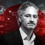A visual composition featuring a photo of Palantir CEO Alex Karp superimposed over imagery of war and technology. Photo: The Cradle.