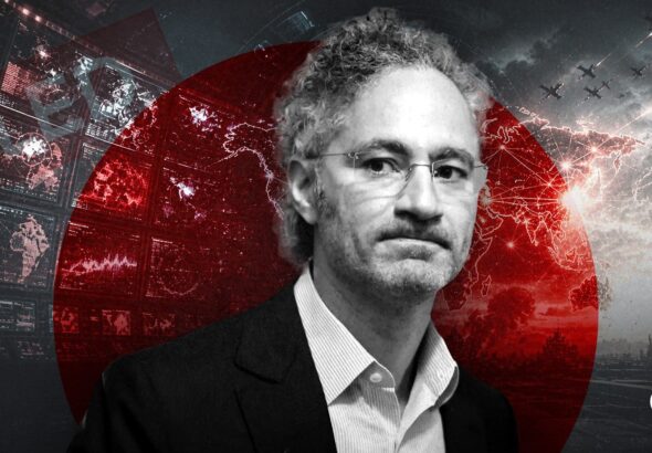A visual composition featuring a photo of Palantir CEO Alex Karp superimposed over imagery of war and technology. Photo: The Cradle.