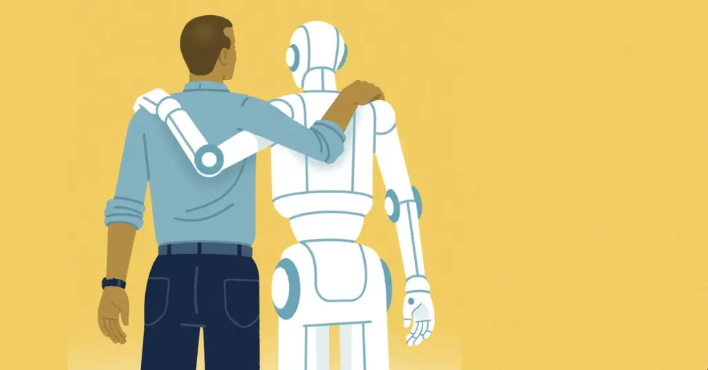 The image depicts a man and a humanoid robot standing together with their arms around each other's shoulders. File photo.