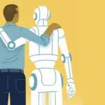 The image depicts a man and a humanoid robot standing together with their arms around each other's shoulders. File photo.