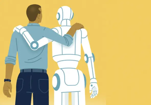 The image depicts a man and a humanoid robot standing together with their arms around each other's shoulders. File photo.