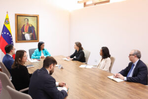 Venezuelan Acting President Delcy Rodríguez at a meeting with a Word Bank delegation at Miraflores Palace, Caracas, May 15, 2026. Photo: Presidential Press.
