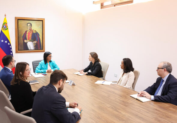 Venezuelan Acting President Delcy Rodríguez at a meeting with a Word Bank delegation at Miraflores Palace, Caracas, May 15, 2026. Photo: Presidential Press.