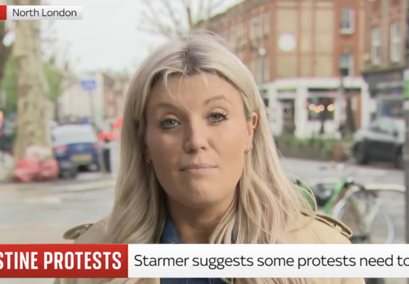 The person in the image is Mollie Malone, a news reporter for Sky News. Photo: Caitlin Johnstone/Screenshot.