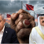 On the left, Benjamin Netanyahu; on the right, Hamad bin Isa Al Khalifa. In the center, a large clenched fist stands out. In the background, several flags of Bahrain are waving. Military aircraft can also be seen flying overhead, along with smoke and structures reminiscent of a conflict zone or geopolitical tension. Photo: MintPress News.