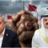 On the left, Benjamin Netanyahu; on the right, Hamad bin Isa Al Khalifa. In the center, a large clenched fist stands out. In the background, several flags of Bahrain are waving. Military aircraft can also be seen flying overhead, along with smoke and structures reminiscent of a conflict zone or geopolitical tension. Photo: MintPress News.