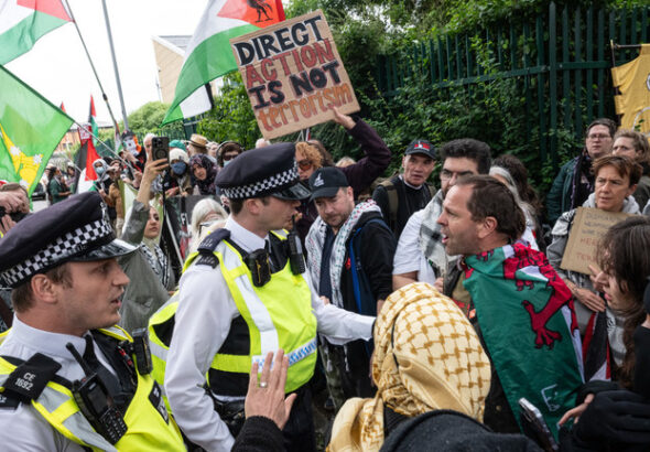 Protesters gather as Palestine Action members are sentenced at Woolwich Crown Court in London, England, June 12, 2026. Photo: Guy Smallman.