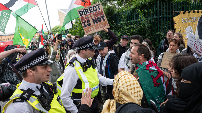 Protesters gather as Palestine Action members are sentenced at Woolwich Crown Court in London, England, June 12, 2026. Photo: Guy Smallman.