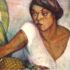 A mixed-race woman holding a basket of regional fruits against a lush, natural backdrop. This panting, Tropical, is from 1917 Brazil. Photo: Anita Malfatti.