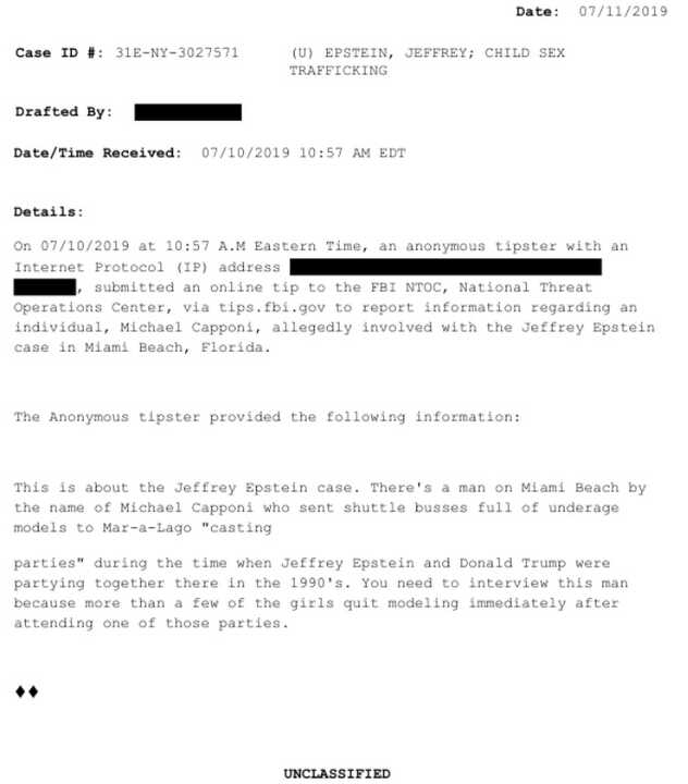 Anonymous complaint against Capponi in the context of the Epstein Files, declassified by the US Department of Justice.