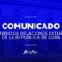 This image shows an official statement issued by Cuba’s Ministry of Foreign Affairs (Minrex), displayed against a blue background featuring the silhouette of a government building. Photo: @CubaMINREX.