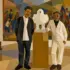 A drawing shows Colombian former presidential candidate Iván Cepeda (left) and president Gustavo Petro (right), standing next to a sculpture of a white dove in an art gallery, with colorful murals in the background. Photo: LAProgressive.