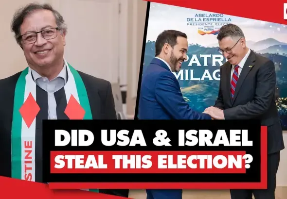 Allegations and political commentary surrounding foreign influence in Colombia's recent presidential election, featuring former Colombian President Gustavo Petro alongside imagery related to his successor, Abelardo de la Espriella. Photo: Geopolitical Economy Report.