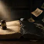 The image shows a conceptual illustration of an old, deteriorated book that is partially burned, alongside a judge’s gavel. The pages appear to be disintegrating, symbolizing the destruction or deterioration of justice, law, or history. Photo: Al Mayadeen English.