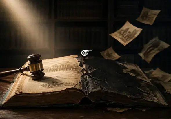 The image shows a conceptual illustration of an old, deteriorated book that is partially burned, alongside a judge’s gavel. The pages appear to be disintegrating, symbolizing the destruction or deterioration of justice, law, or history. Photo: Al Mayadeen English.