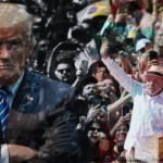 Conceptual illustration of Donald Trump (left) with his arms crossed, and Lula da Silva (right) raising one arm, with a crowd gathered in the background. Photo: MintPress News.