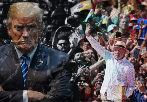 Conceptual illustration of Donald Trump (left) with his arms crossed, and Lula da Silva (right) raising one arm, with a crowd gathered in the background. Photo: MintPress News.