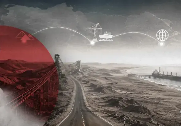 The Bou Craa Conveyor System, a nearly 100-kilometer-long industrial conveyor belt transports phosphate rock from the interior mine deposits directly to the Atlantic Ocean for global export. Photo: The Cradle.