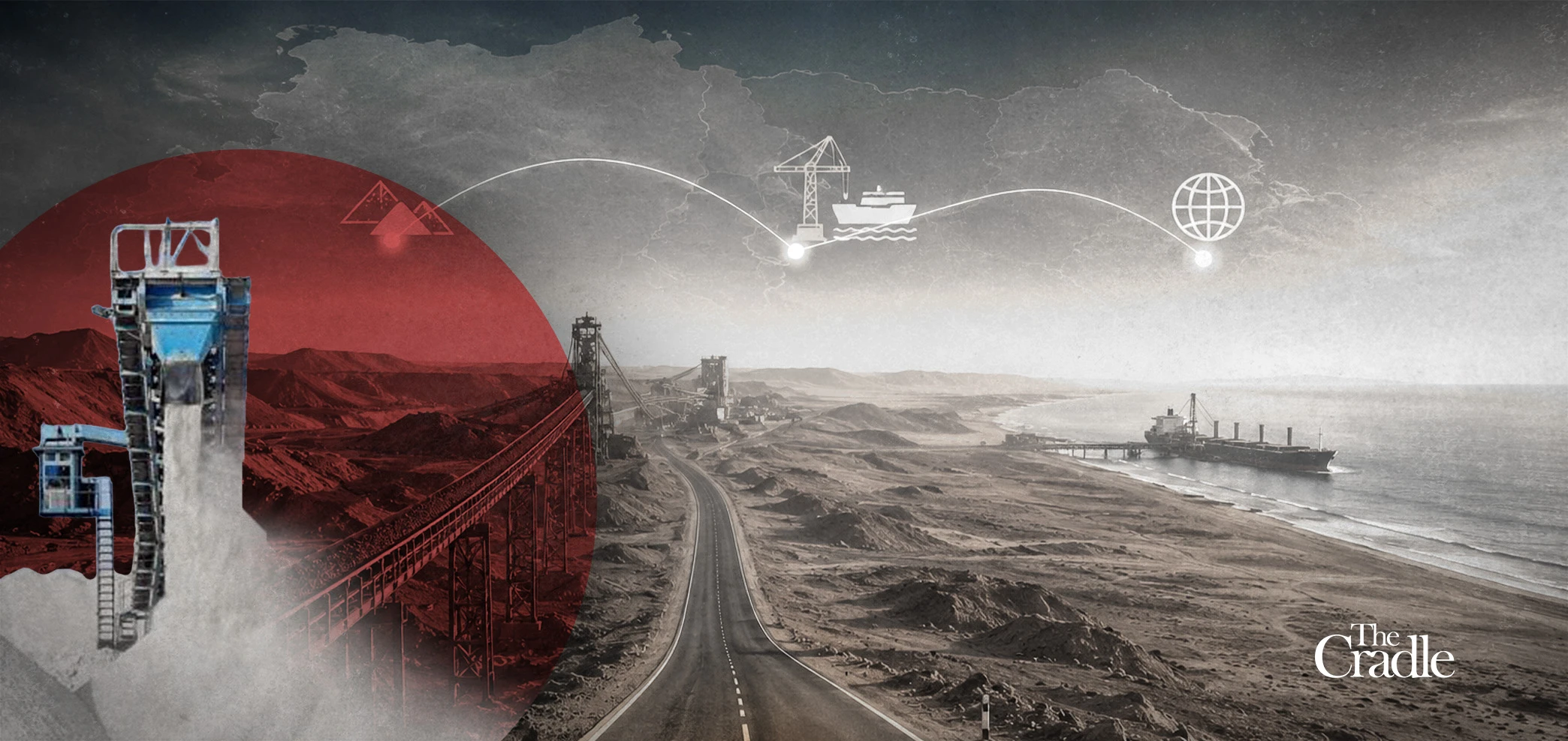 The Bou Craa Conveyor System, a nearly 100-kilometer-long industrial conveyor belt transports phosphate rock from the interior mine deposits directly to the Atlantic Ocean for global export. Photo: The Cradle.