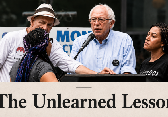 Activists Marissa Janae Johnson, left, and Mara Jacqeline Willaford interrupt Sanders in Seattle. Photo: Brandon Wall/Twitter.