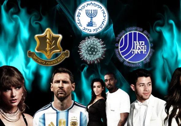 A composite image showing celebrities Lionel Messi, Kanye West, and Taylor Swift, with a security detail silhouette, illustrating the article's theme of Israeli security teams protecting celebrities. Photo: MintPress News.