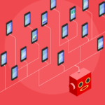 A photo composition illustrating a bot farm, showing a central command unit linked to a network of automated mobile phones. Photo: TraffickGuard.com/file photo.