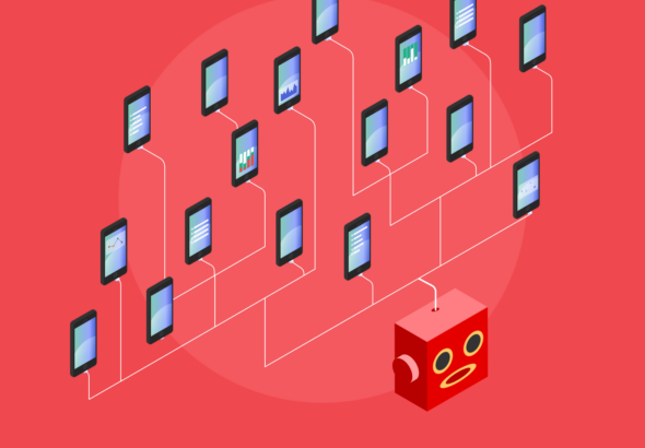 A photo composition illustrating a bot farm, showing a central command unit linked to a network of automated mobile phones. Photo: TraffickGuard.com/file photo.
