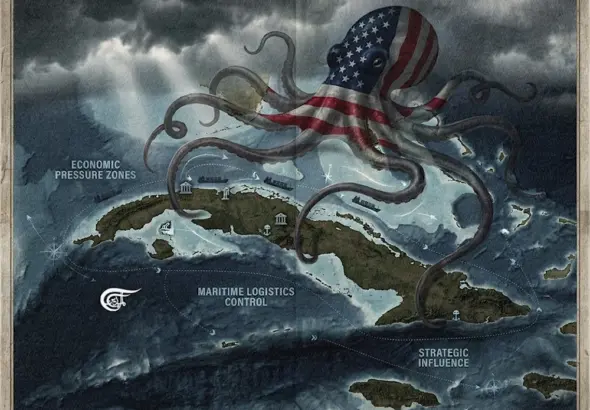 This illustration depicts an octopus carrying the American flag, extending its tentacles over the island of Cuba. Photo: Zeinab al-Hajj/Al Mayadeen English.