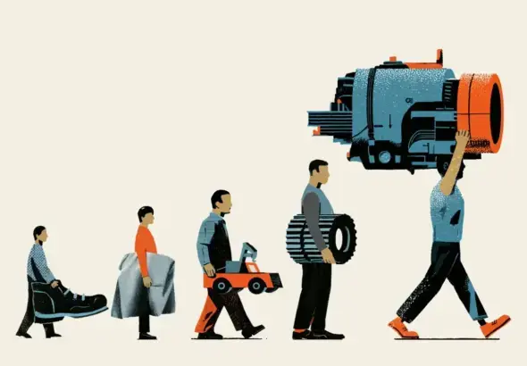 A series of figures carrying items that signify industrial growth. Photo: South China Morning Post.