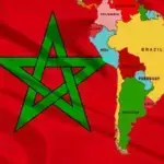 The image shows the flag of Morocco alongside a map of South America, symbolizing Morocco’s relationship and ties with the Latin American region. Photo: Internationalist 360°.