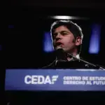 The governor of the province of Buenos Aires, Axel Kicillof, speaks at the Federal Meeting of the Center for Studies on the Right to the Future, at the University of Buenos Aires. Photo: X/@Kicillofok.