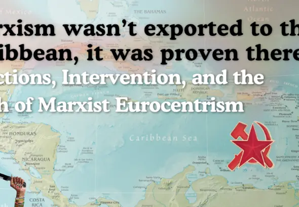The hammer, sickle and star symbol of communism and a hand raising a sword over a map of the Caribbean region. Photo: Hood Communist.