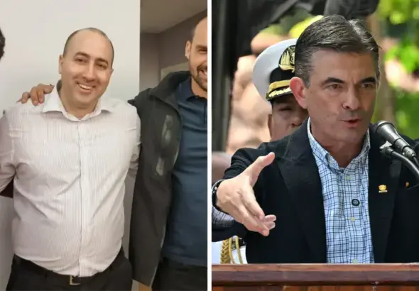 Fernando Cerimedo (left), political advisor to Bolivian President Rodrigo Paz (right), accused of attempted femicide of his ex-partner. Photo: Chequeado.