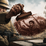 Conceptual illustration showing a figure representing colonial authority pointing at a resistance fighter, while in the background appear the scales of justice and a document symbolizing international law. Image: Middle East Monitor.