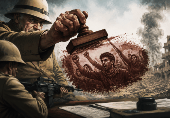 Conceptual illustration showing a figure representing colonial authority pointing at a resistance fighter, while in the background appear the scales of justice and a document symbolizing international law. Image: Middle East Monitor.