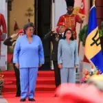 Barbados Prime Minister Mia Mottley being received by Acting President Delcy Rodriguez at Miraflores Palace, Caracas, on Monday, August 24, 2026. Photo: Venezuelan Presidential Press.