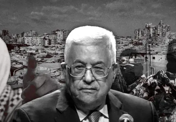 Composition showing Palestinian President Mahmoud Abbas, members of Palestinian armed resistance groups, and an elderly Palestinian after casting their vote, in the backdrop of Gaza devastated by Zionist aggression. Photo: The Cradle.