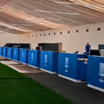 Check-in counters at the unfinished provisional terminal at Simón Bolívar International Airport in Maiquetia, La Guaira state, Venezuela. Photo: X/@dgaviacion_.