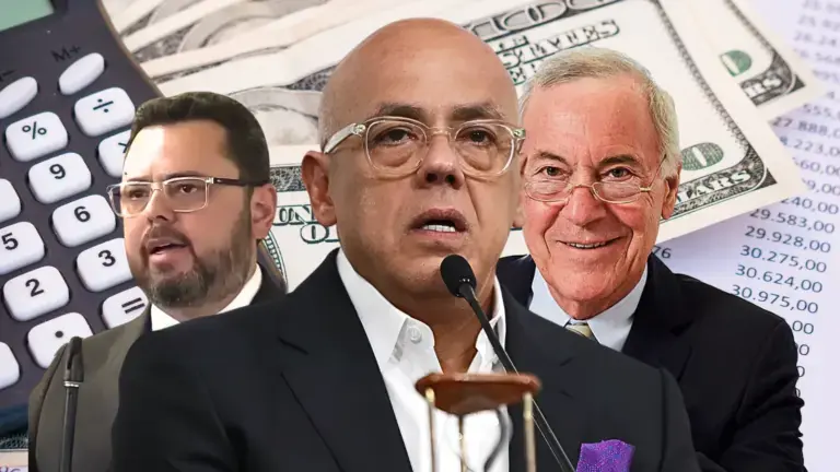 Photo composition depicting National Assembly President Jorge Rodríguez, US neoliberal economist Steve Hanke, and opposition Deputy Antonio Ecarri against a backdrop of US dollar bills and a calculator. Photo: Orinoco Tribune composition based on a CriptoNoticias photo.