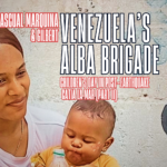 The image shows a woman holding a baby. The text refers to Venezuela’s Alba Brigade and Children’s Day in an area affected by an earthquake, highlighting community and humanitarian efforts following the disaster. Photo: MRonline.