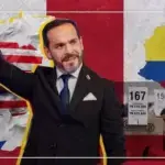 The image is a political montage featuring Colombia’s new president, Abelardo de la Espriella, in the foreground, accompanied by the flags of the United States and Israel and a map of Colombia. In the background, a scene related to the elections can be seen. Photo: PressTV.