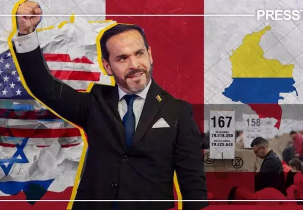 The image is a political montage featuring Colombia’s new president, Abelardo de la Espriella, in the foreground, accompanied by the flags of the United States and Israel and a map of Colombia. In the background, a scene related to the elections can be seen. Photo: PressTV.
