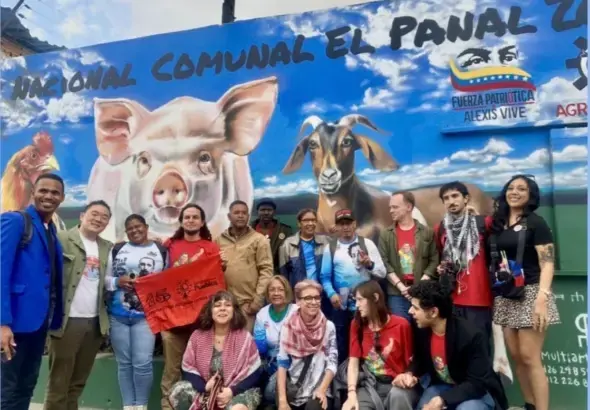 El Panal Commune and Fuerza Patriótica Alexis Vive, Caracas, March 2026. Following a visit to the commune’s livestock project, our international delegation met with Chavistas to learn about their efforts to develop locally controlled and sustainable agricultural production. Photo: Kimberly D. Miller/file photo.