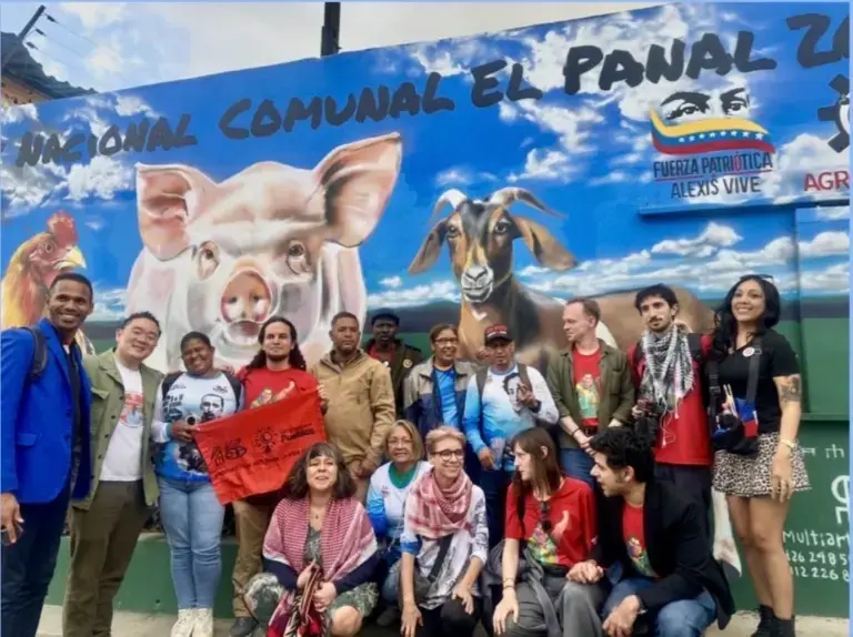 El Panal Commune and Fuerza Patriótica Alexis Vive, Caracas, March 2026. Following a visit to the commune’s livestock project, our international delegation met with Chavistas to learn about their efforts to develop locally controlled and sustainable agricultural production. Photo: Kimberly D. Miller/file photo.