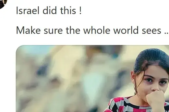 The image shows a social media post reading, “Israel did this! Make sure the whole world sees…,” accompanied by a photograph of a young girl who appears visibly distressed. Photo: BettBeat’s Newsletter.