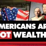 A photo illustration showing a US flag with a graph of declining wealth and inequality indicators, symbolizing the disparity between average and median wealth in the United States. Photo: Geopolitical Economy.