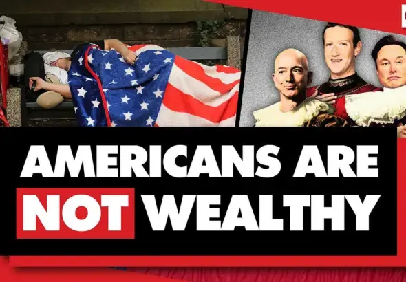 A photo illustration showing a US flag with a graph of declining wealth and inequality indicators, symbolizing the disparity between average and median wealth in the United States. Photo: Geopolitical Economy.