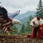 A conceptual illustration of China’s flag and the US flag intertwined, symbolizing the complex economic and diplomatic relationship between the two nations. Photo: BettBeat Media.